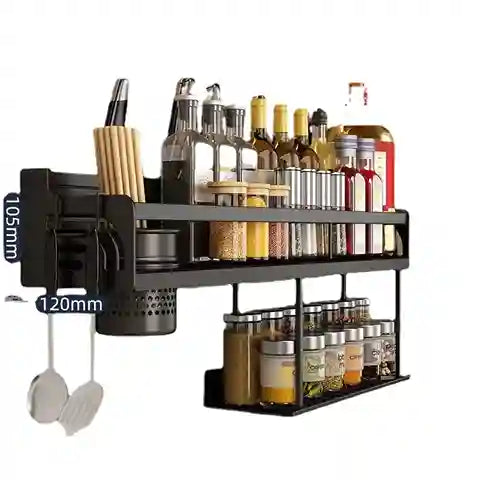 Wall-mounted kitchen organizer with bottles, jars, and utensils on a white background