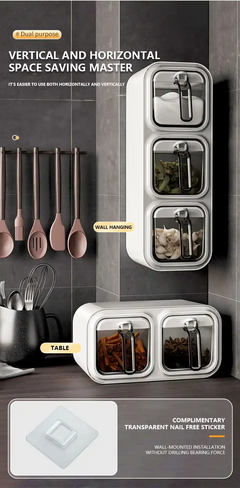 Wall-mounted kitchen organizer with vertical and horizontal space-saving design, featuring wall-hanging and table-top options.