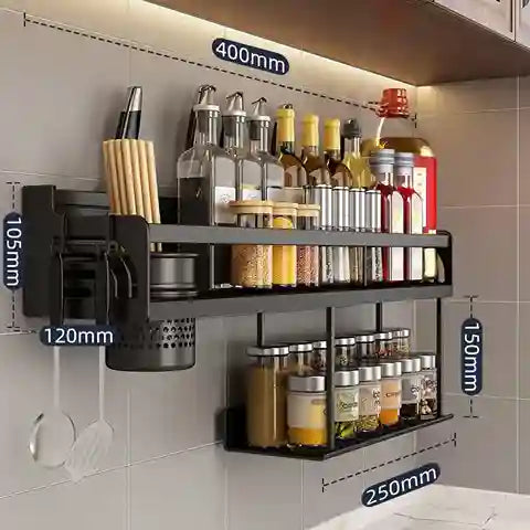 Wall-mounted kitchen shelf with various bottles and containers, showing dimensions.