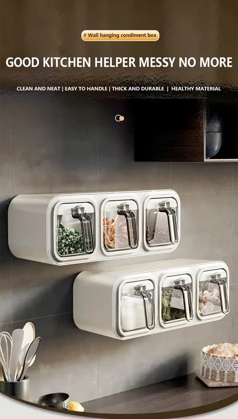 Wall-mounted kitchen storage containers with a focus on cleanliness and organization.