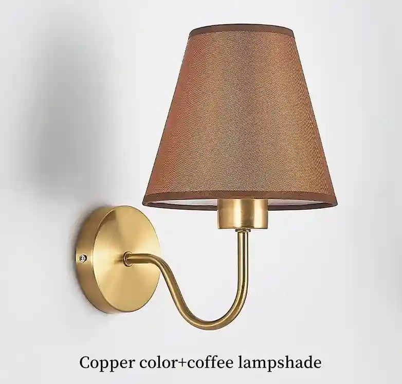 Wall-mounted lamp with copper finish and coffee-colored shade on a white background