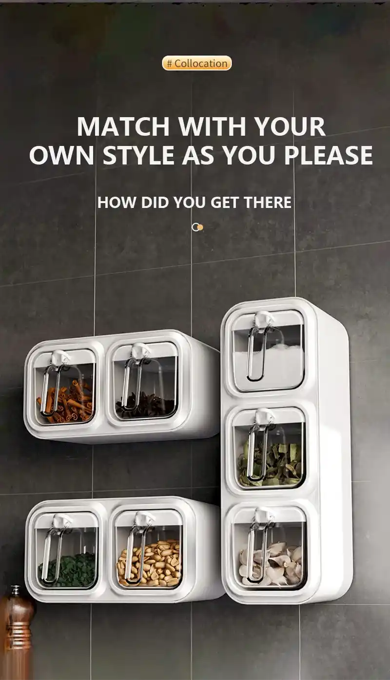 Wall-mounted spice rack with transparent containers holding various spices on a dark background.