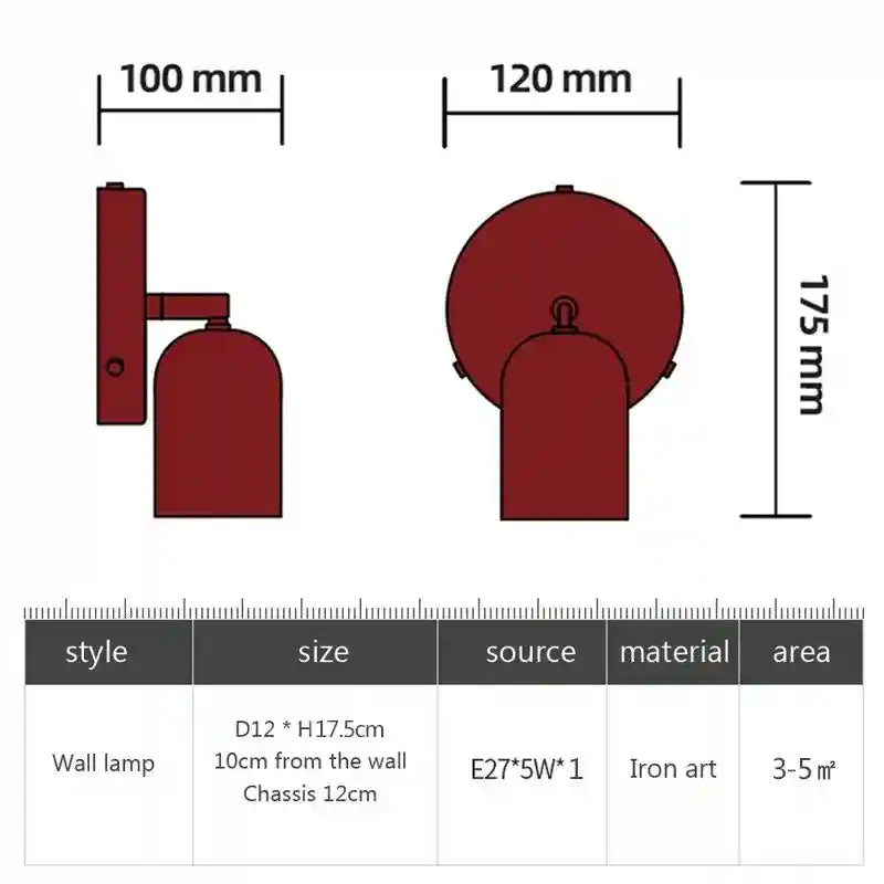 Wall lamp dimensions and specifications on a white background