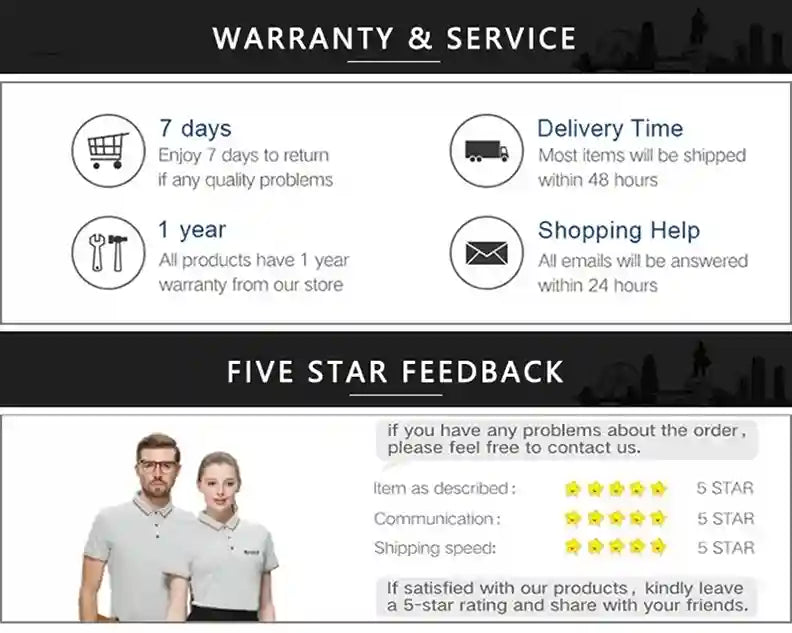 Warranty and service information with contact details and five-star feedback rating.