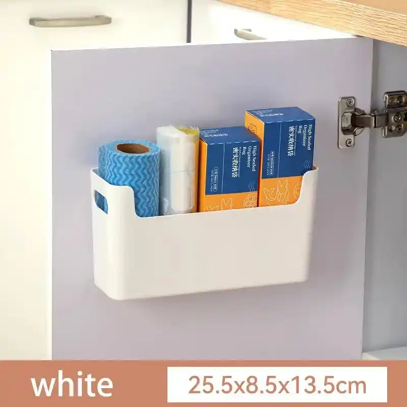 White cabinet organizer with kitchen items inside, attached to a gray cabinet.