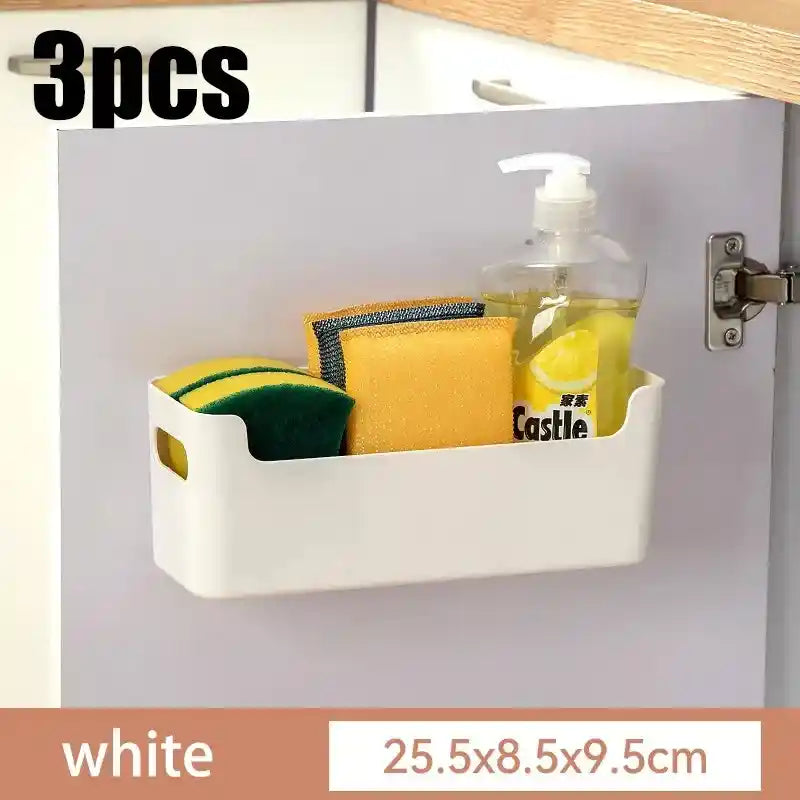 White cabinet organizer with sponges and soap inside, labeled '3pcs' and 'white'.