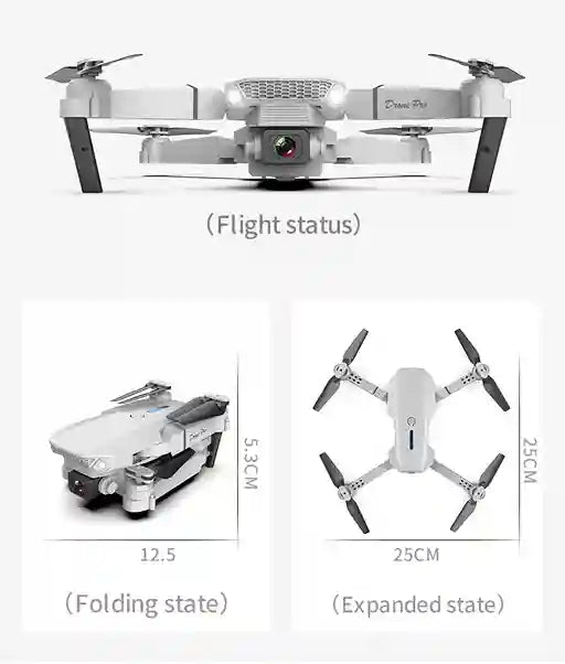 White drone showing flight status, folding state, and expanded state with measurements.