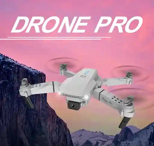 White drone with 'DRONE PRO' text against a mountainous landscape background