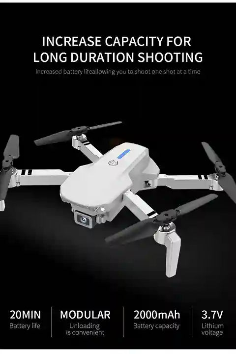 White drone with text about increased battery capacity on a black background