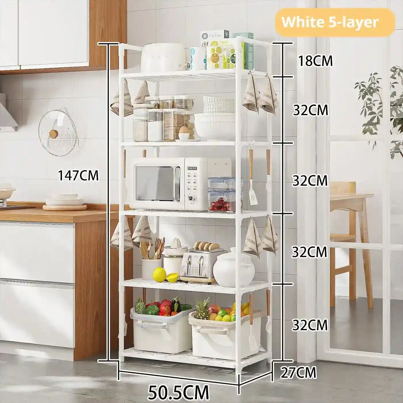 White five-layer shelf with measurements in a kitchen setting