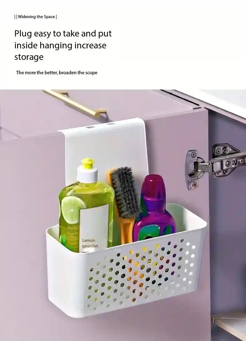 White hanging storage basket with bottles inside a cabinet