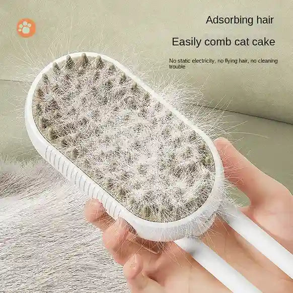 White pet grooming brush with collected fur, held by a hand against a neutral background.