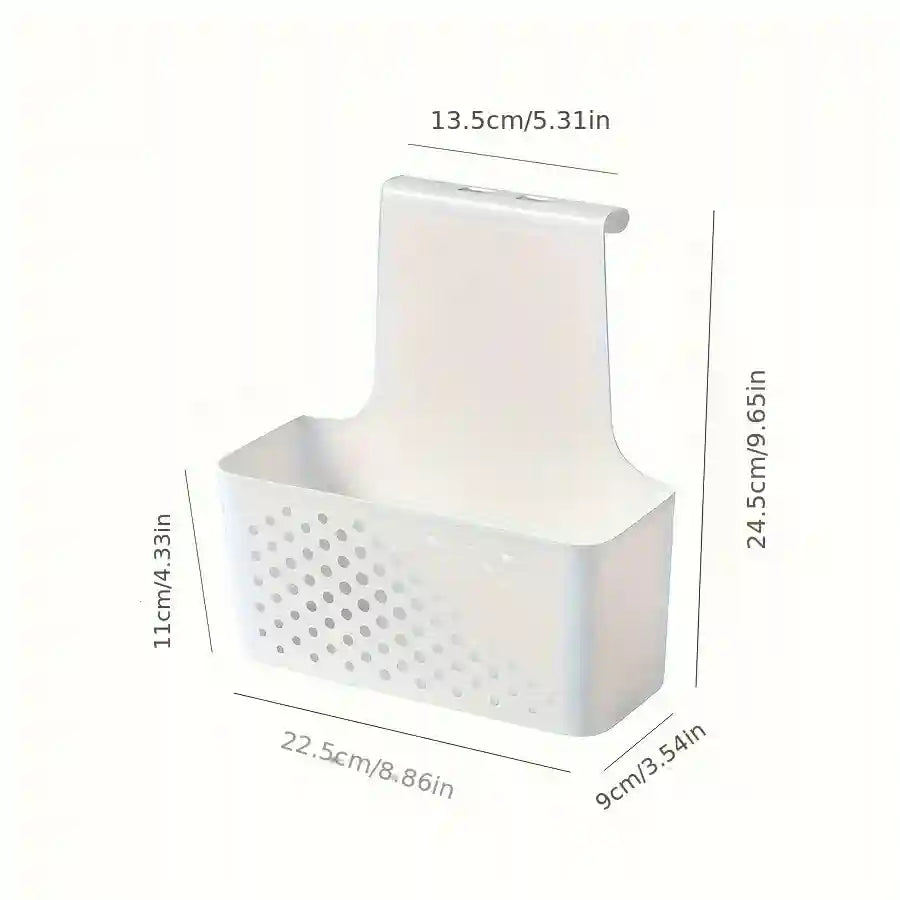 White rectangular storage basket with dimensions labeled on a white background