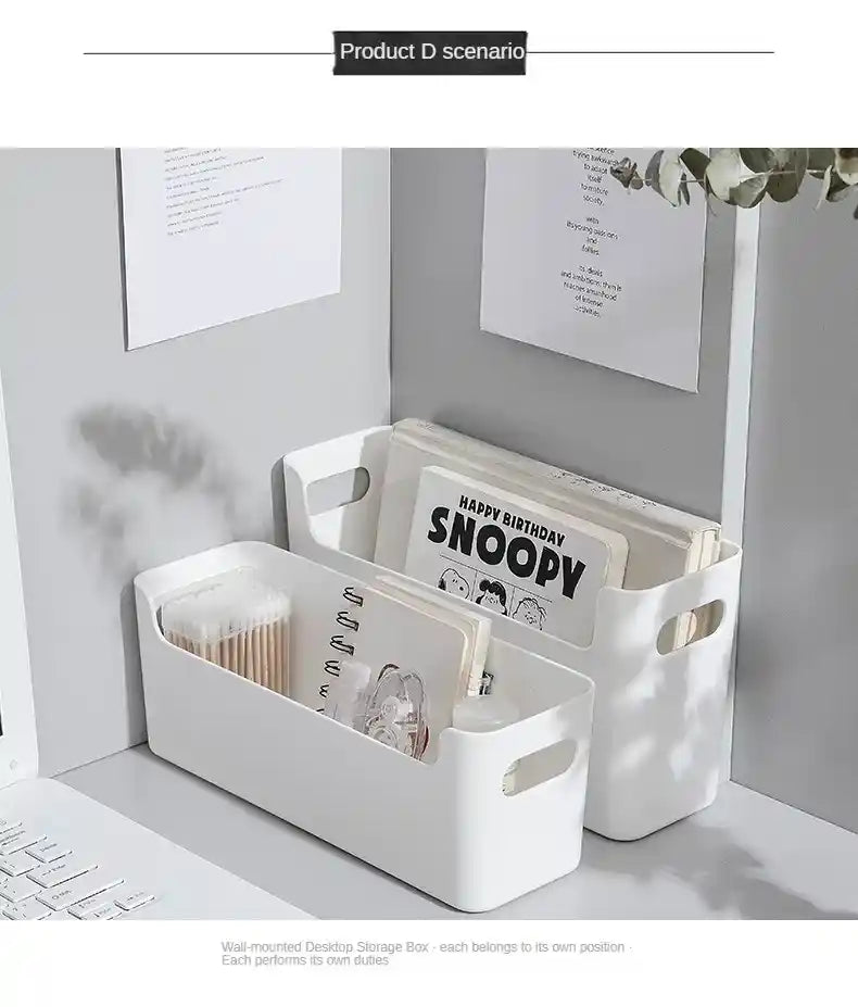 White storage baskets with items on a gray surface