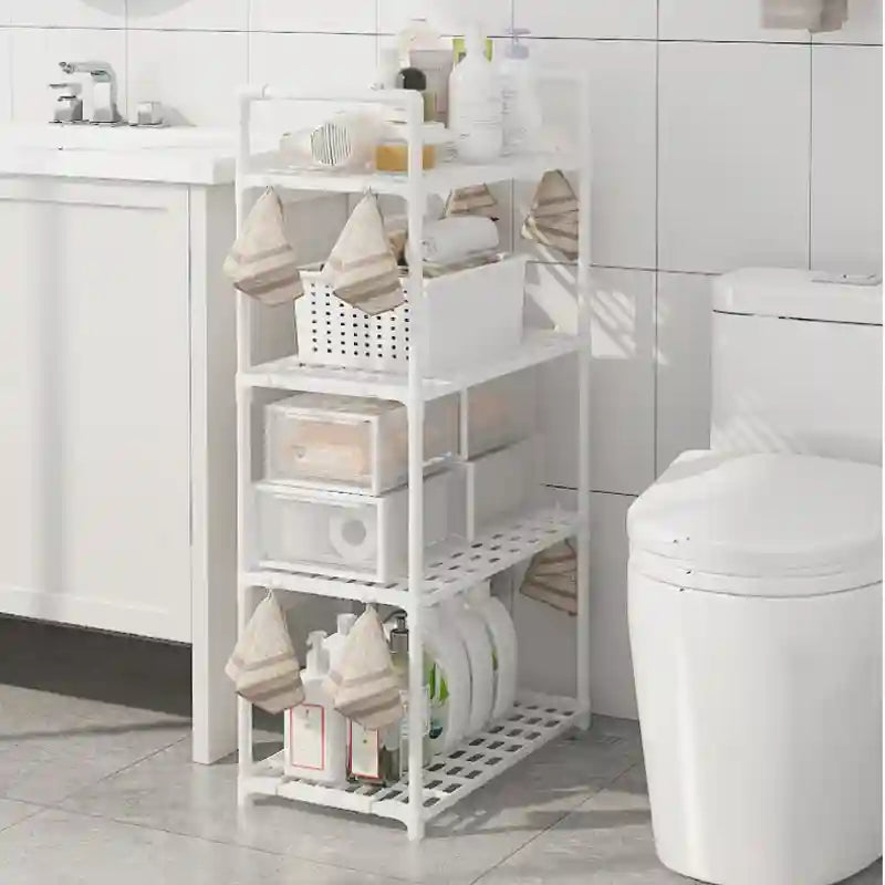White storage rack in a bathroom with various items on shelves