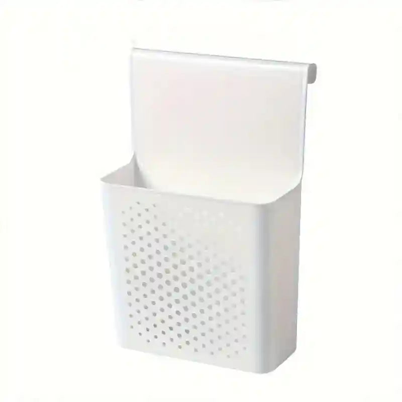 White wall-mounted storage basket with perforated design on a white background
