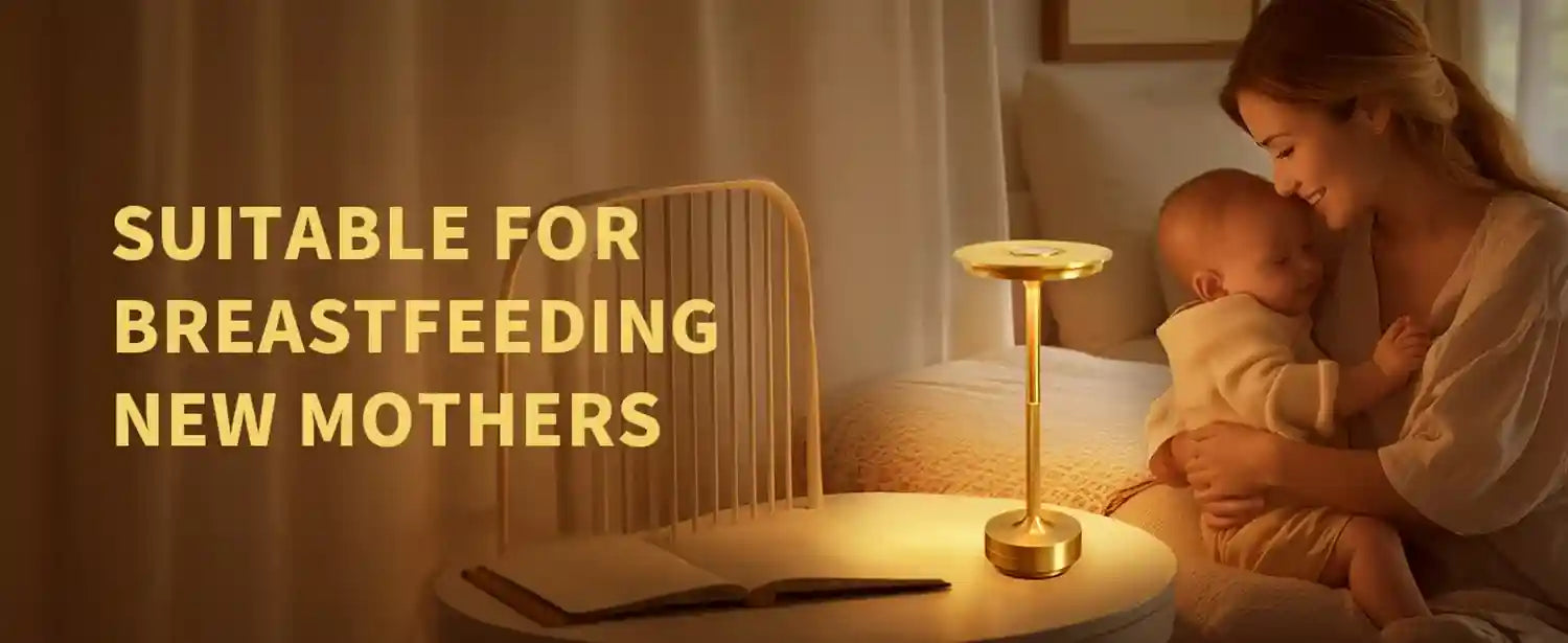 Woman holding a baby next to a lamp with text 'Suitable for Breastfeeding New Mothers' on a warm-toned background.