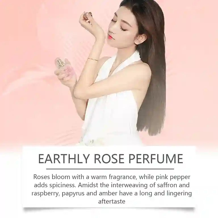 Woman holding a bottle of 'Earthly Rose Perfume' with a pink background