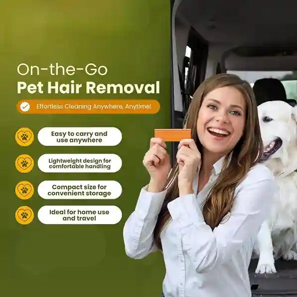 Woman holding a device with text about on-the-go pet hair removal, smiling next to a dog.