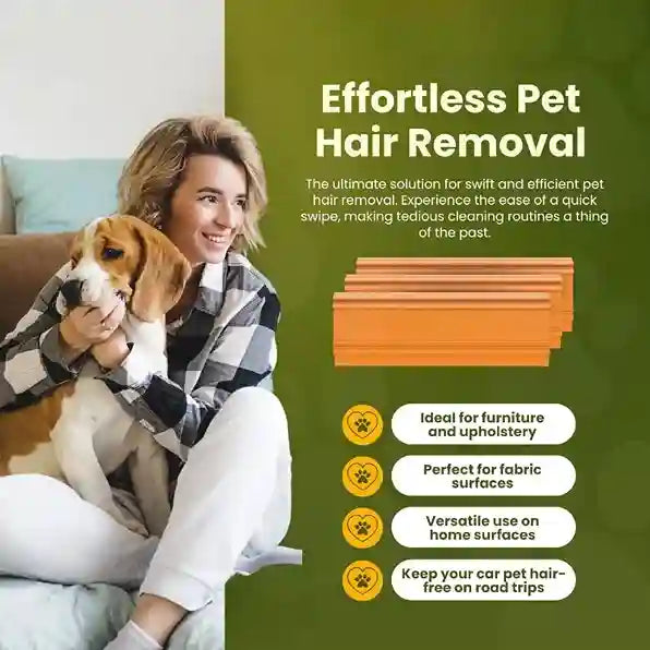 Woman holding a dog with text about effortless pet hair removal on a green background