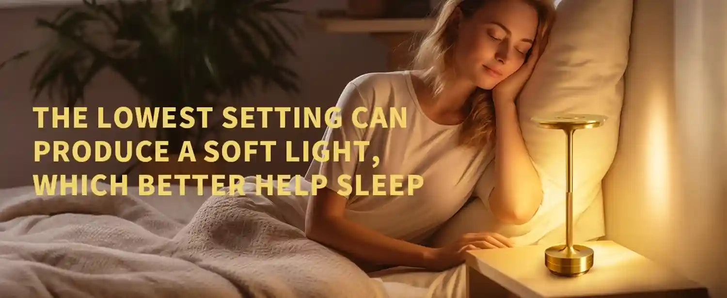 Woman lying in bed with a soft light on a nightstand, text about sleep aid.