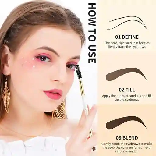 Woman using a brow brush with instructions on how to use it.