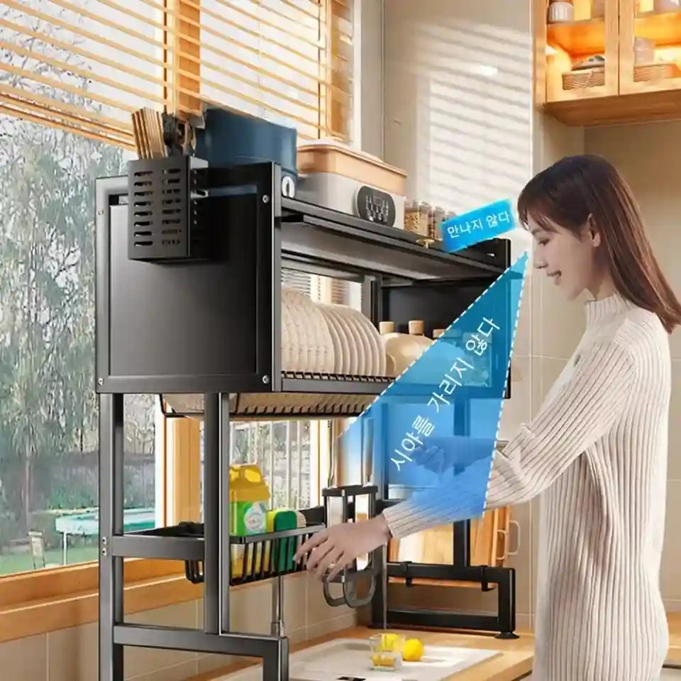 Woman using a kitchen rack with various items in a kitchen setting