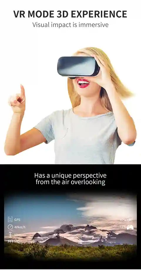 Woman wearing a VR headset with text about VR mode 3D experience and visual impact.