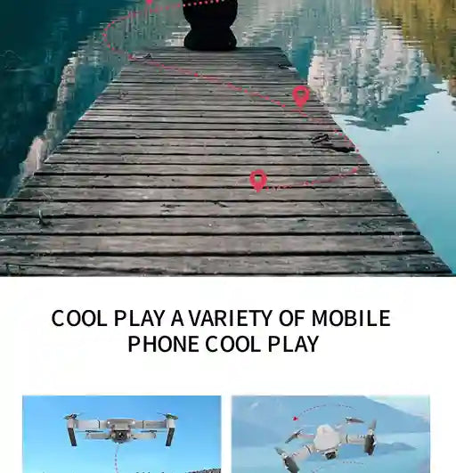 Wooden dock extending into water with text overlay and drone images.