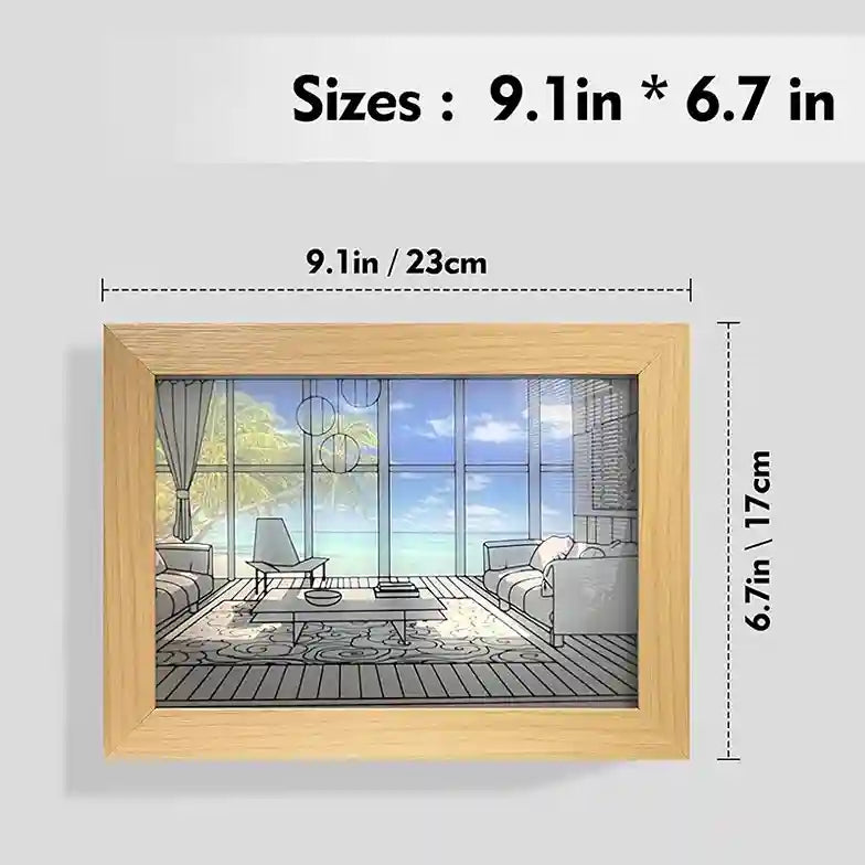 Wooden picture frame with dimensions labeled on a white background