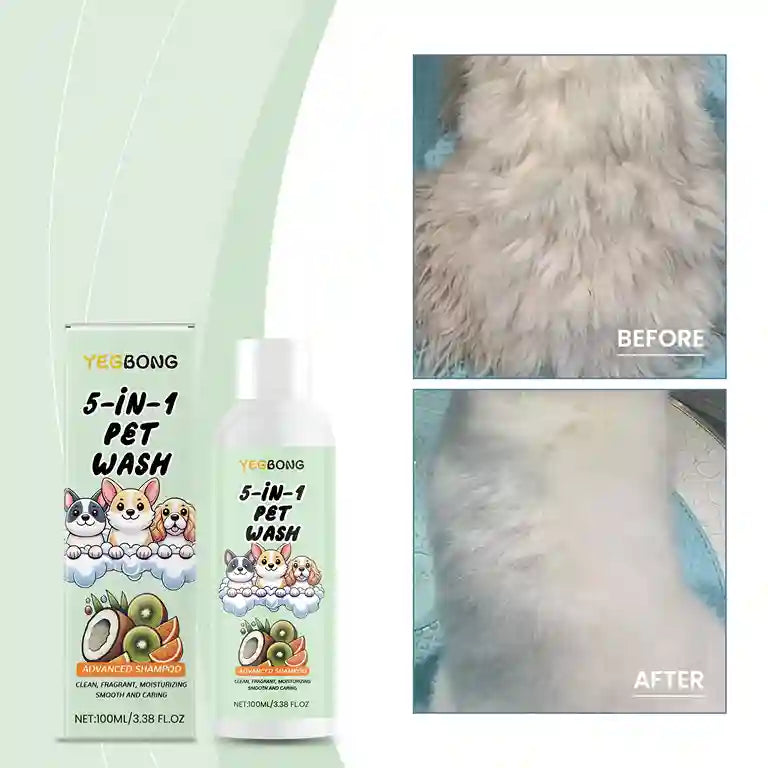 YeeBong 5-in-1 Pet Wash bottles with 'Before' and 'After' pet fur images on a light green background.