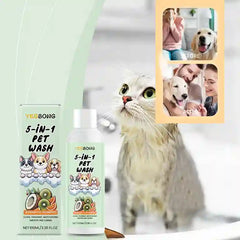 YeeBong 5-in-1 Pet Wash bottles with a cat and pet care images on a white background