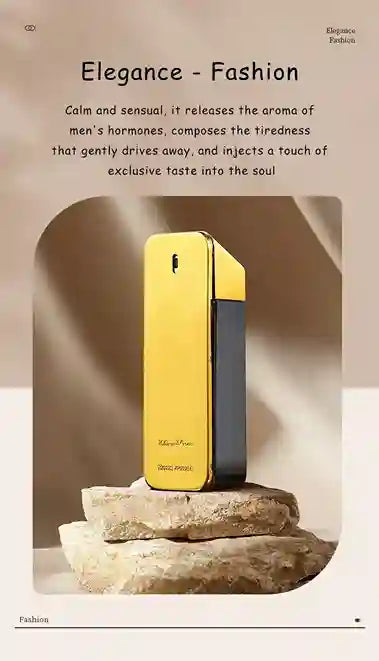Yellow and black perfume bottle on a stone surface with text about its fragrance properties.