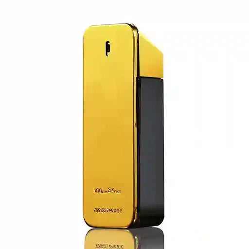 Yellow and black perfume bottle with brand name on a white background