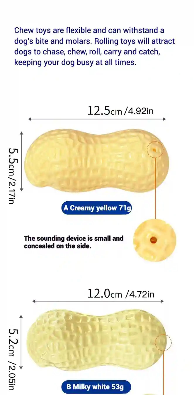 Yellow chew toy with dimensions and weight information on a white background