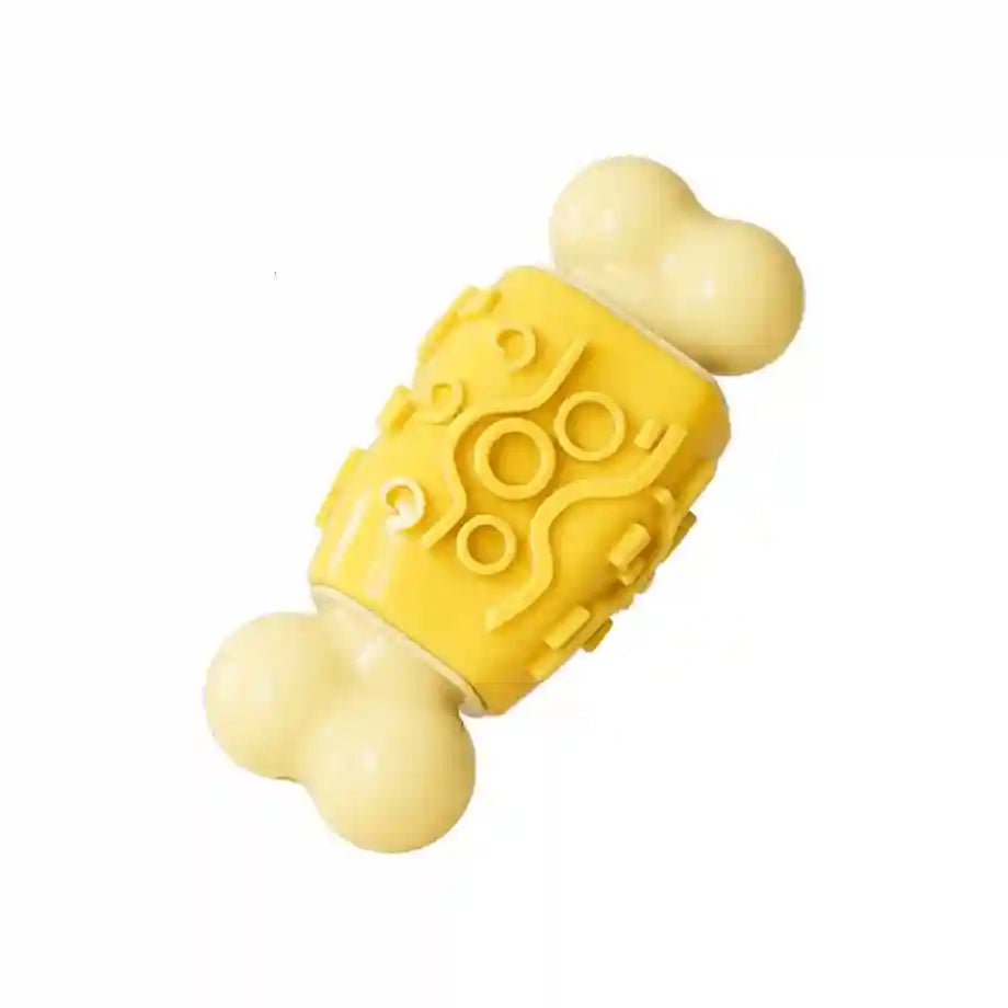 Yellow dog toy with textured surface on a white background