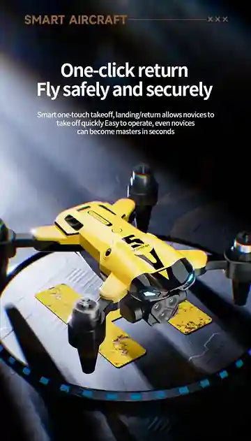 Yellow drone on a reflective surface with promotional text about one-click return feature.