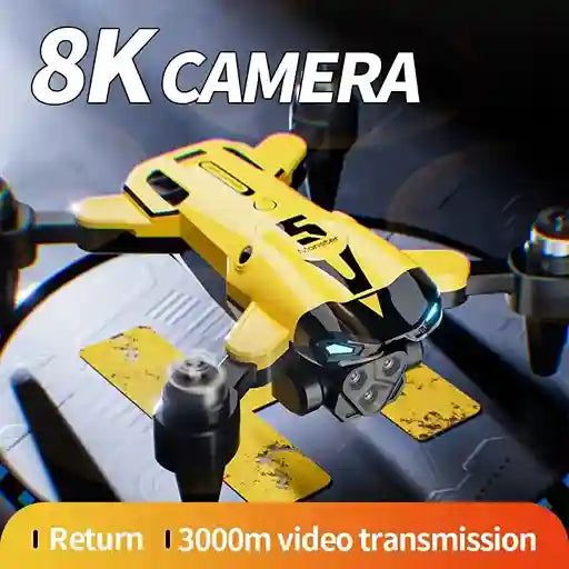 Yellow drone with 8K camera and long-range video transmission feature on a dark background