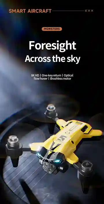 Yellow drone with text about smart aircraft capabilities on a dark background