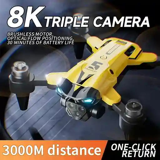 Yellow drone with text highlighting features like 8K triple camera, brushless motor, and one-click return.