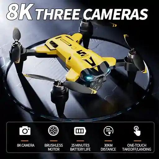 Yellow drone with three cameras on a reflective surface