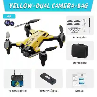 Yellow dual-camera bag with drone components on a white background