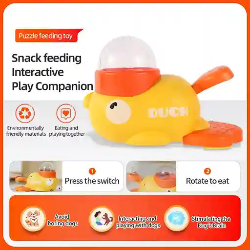Yellow duck-shaped puzzle feeding toy with text and images on a white background