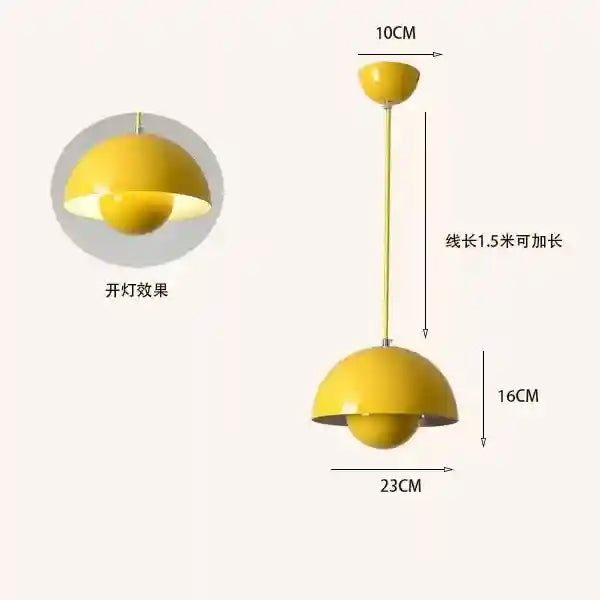 Yellow pendant light with measurements on a white background