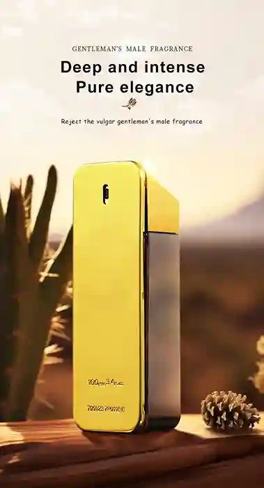 Yellow perfume bottle with text on a blurred natural background