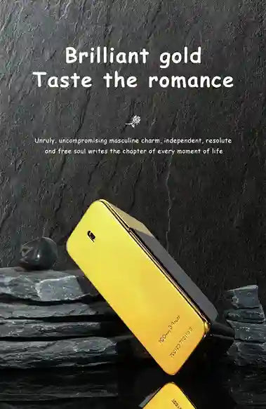 Yellow phone case on a dark stone surface with text about gold and romance.