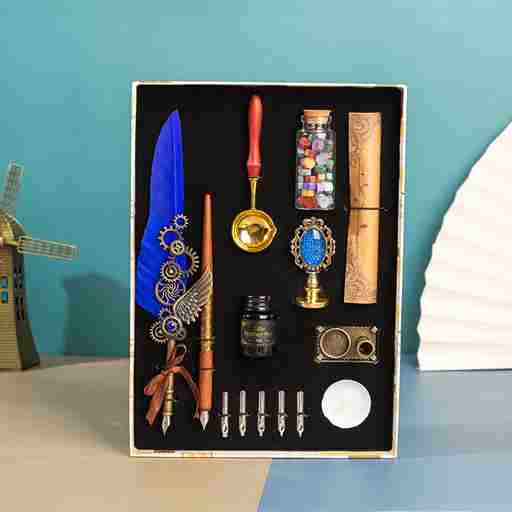 BABBAK'S LTD Retro Punk Feather Pen Set – Vintage Writing Kit with Brass Holder & Wax Seal Accessories
