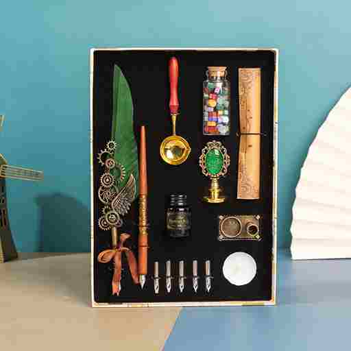 BABBAK'S LTD Retro Punk Feather Pen Set – Vintage Writing Kit with Brass Holder & Wax Seal Accessories