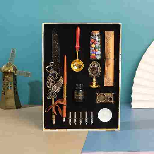 BABBAK'S LTD Retro Punk Feather Pen Set – Vintage Writing Kit with Brass Holder & Wax Seal Accessories