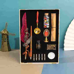 BABBAK'S LTD Retro Punk Feather Pen Set – Vintage Writing Kit with Brass Holder & Wax Seal Accessories